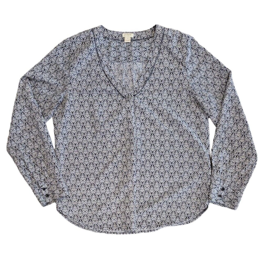 J Crew Blouse Womens Medium Blue White Floral Print Longsleeve V-Neck